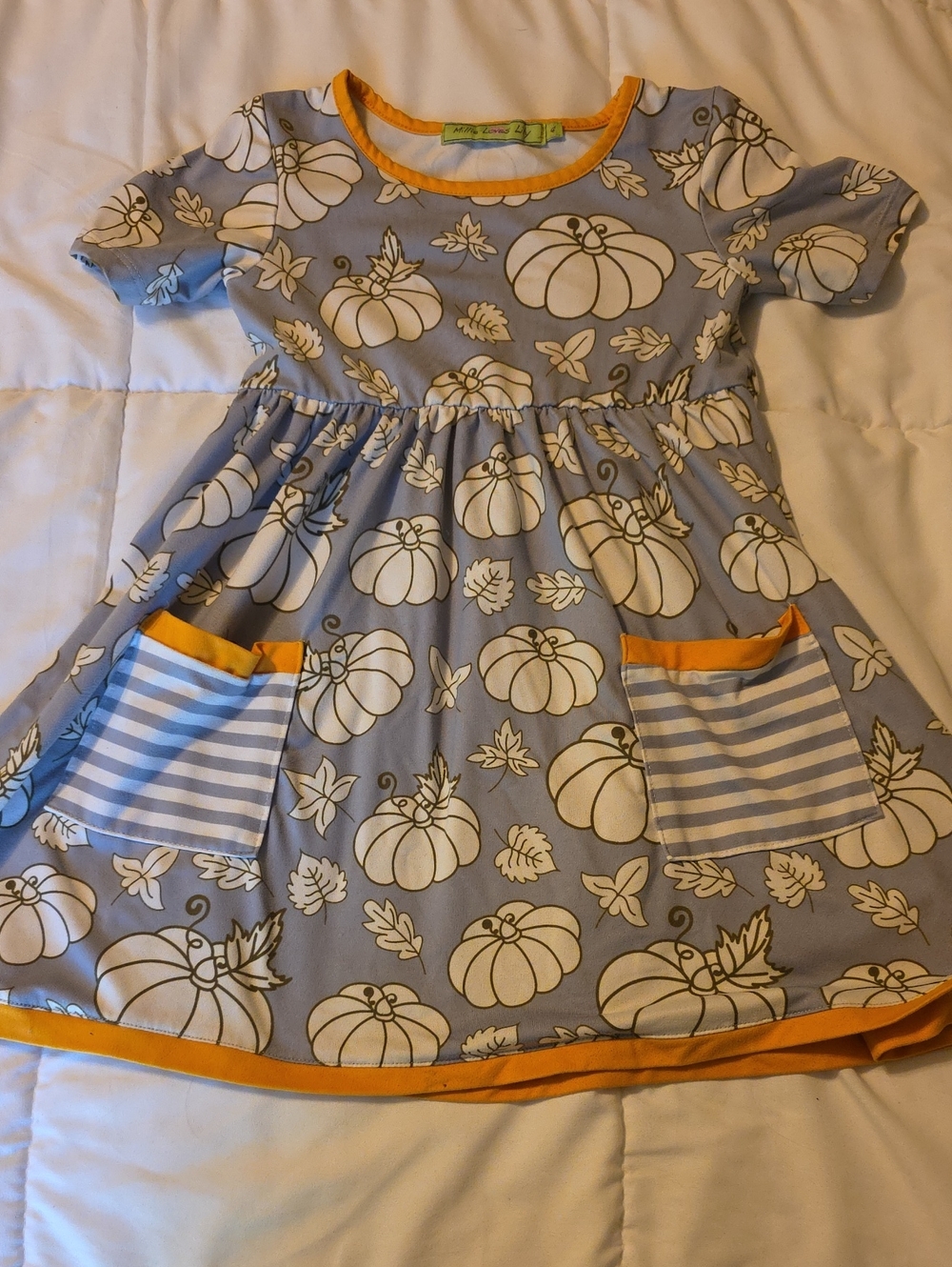 Girls Gray Pumpkin Print Dress with Orange Trim and Pocket Stripes